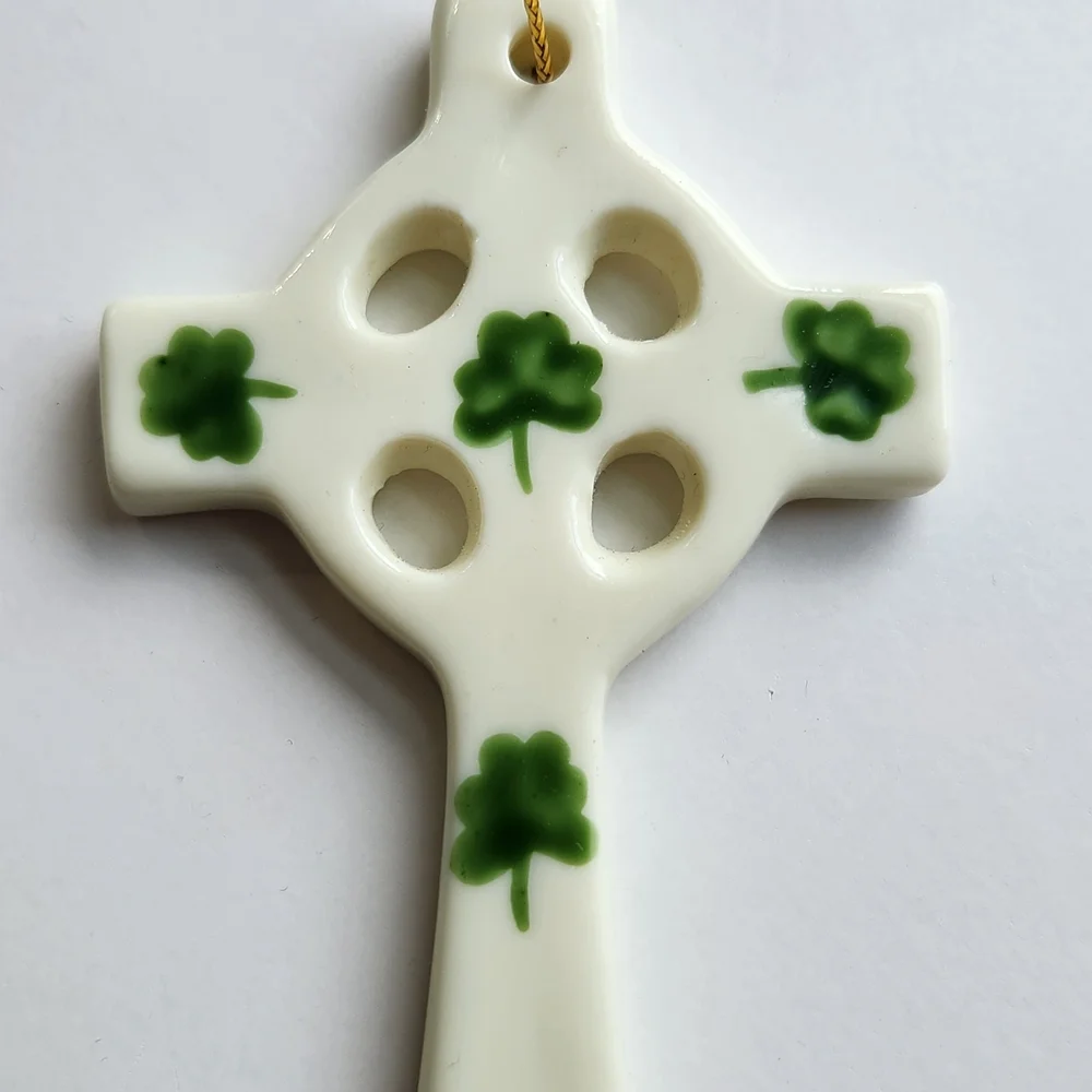 White and Green Ceramic Cross Ornament